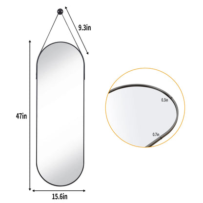 48" X 16" Full Length Mirror Oval Hanging Wall Mirror with Leather Strap,Black