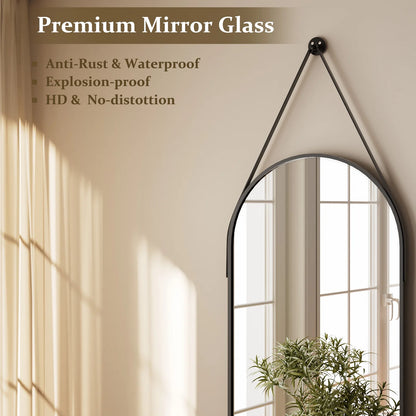 48" X 16" Full Length Mirror Oval Hanging Wall Mirror with Leather Strap,Black