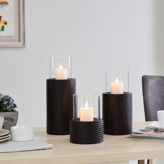 Contemporary Candle Holders with Clear Glass Hurricanes and Textured Metal Base (Set of 3)