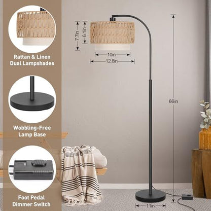 Arc Floor Lamp Black, Boho Floor Lamps for Living Room, Black with Rattan Shade