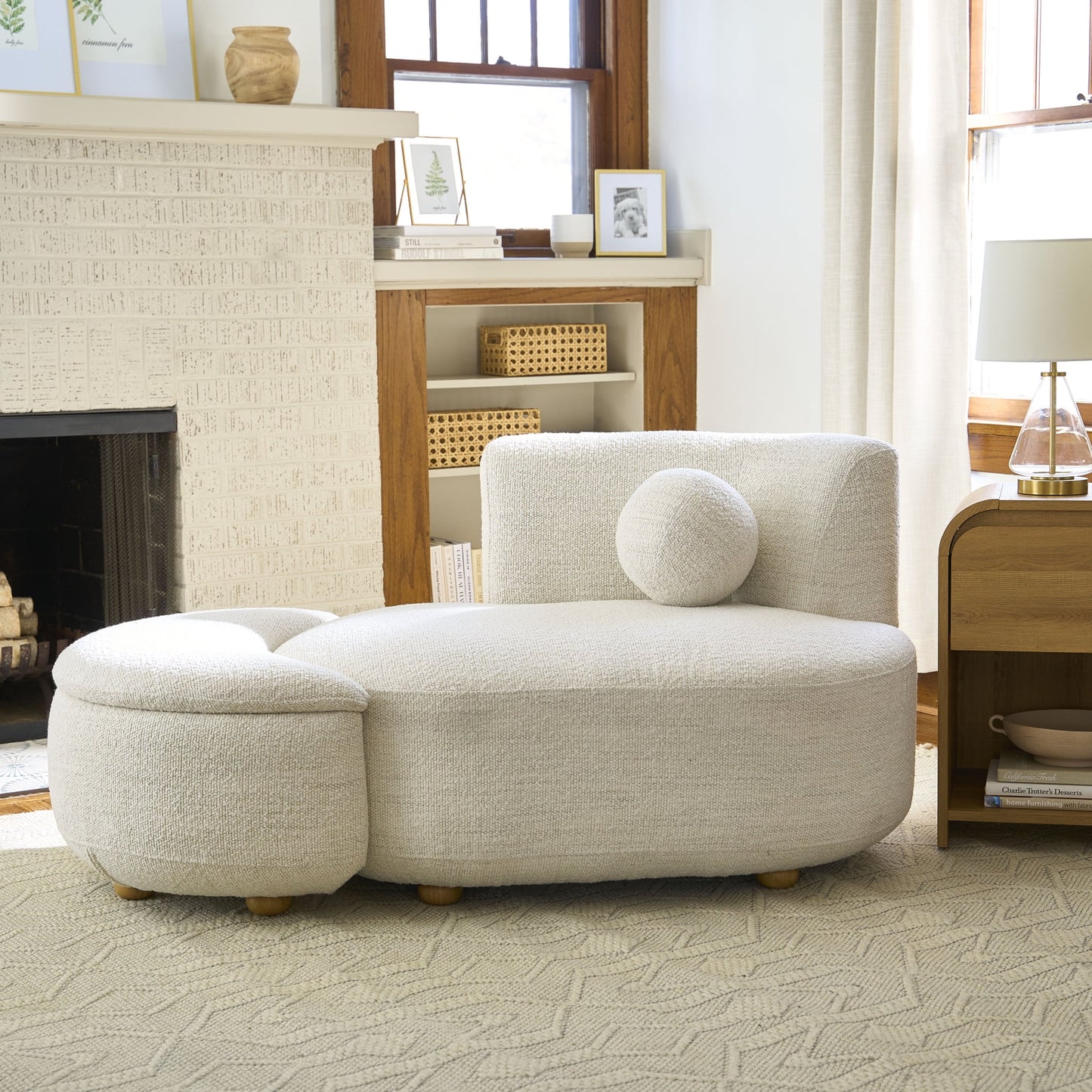 Juliet Modern Boucle Chaise & Storage Ottoman, Pearl
