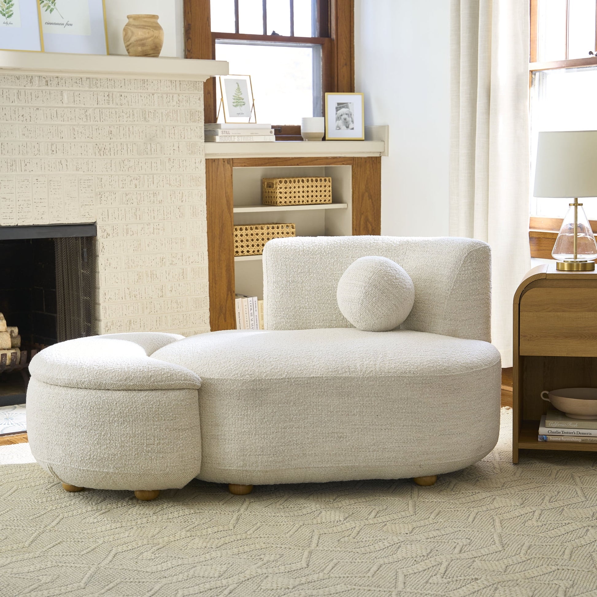 Juliet Modern Boucle Chaise & Storage Ottoman, Pearl