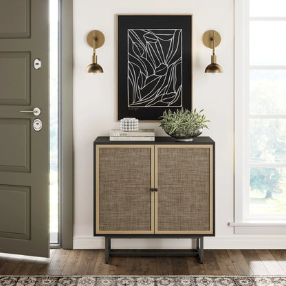 Kova Cane Rattan Doors Accent Cabinet with Black Metal Base and Adjustable Shelf