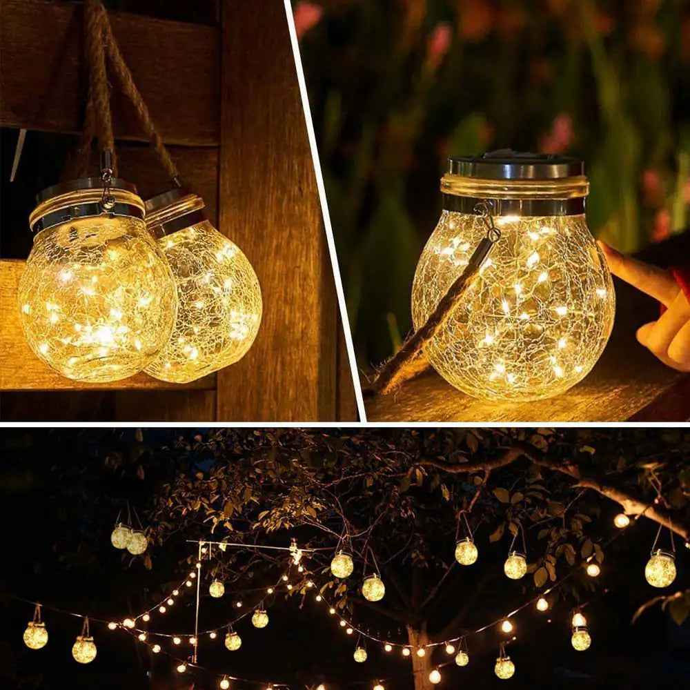 2 Pack Solar Lantern Crackle Glass Ball, Garden Hanging Solar Lights Outdoor Waterproof Lanterns with 30 Warm White LED.