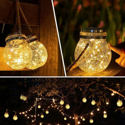 2 Pack Solar Lantern Crackle Glass Ball, Garden Hanging Solar Lights Outdoor Waterproof Lanterns with 30 Warm White LED.