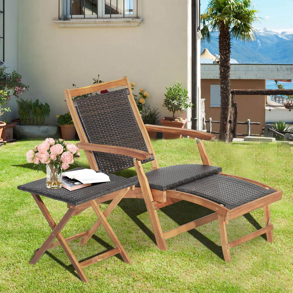 4-Piece Wicker Patio Conversation Set Rattan Folding Lounge Chair Table with Retractable Footrest