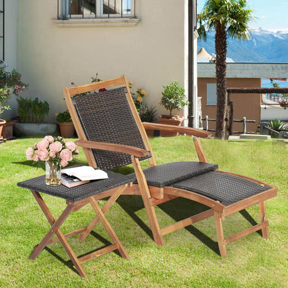 4-Piece Wicker Patio Conversation Set Rattan Folding Lounge Chair Table with Retractable Footrest