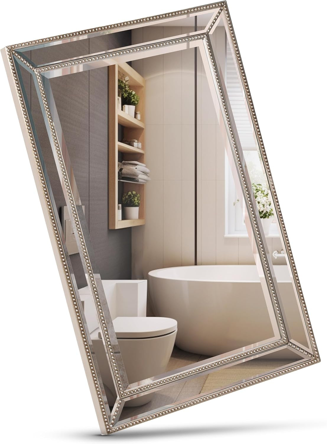 24'' X 36'' Metro Beveled Edge Mirror with Beaded Glass Frame, Wall Mounted Rectangle Mirror for Bathroom Vanity, over Sink, Entryway, and Bedroom, Champagne Silver