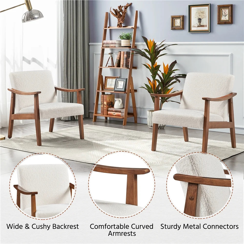 Mid-Century Modern Accent Chair with Wooden Frame, Ivory Boucle Fabric