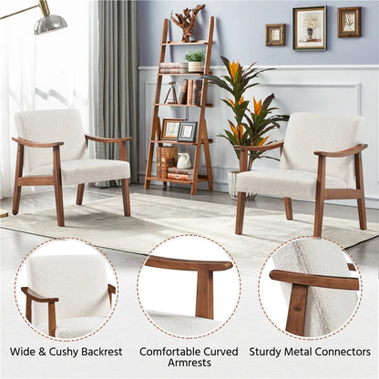 Mid-Century Modern Accent Chair with Wooden Frame, Ivory Boucle Fabric