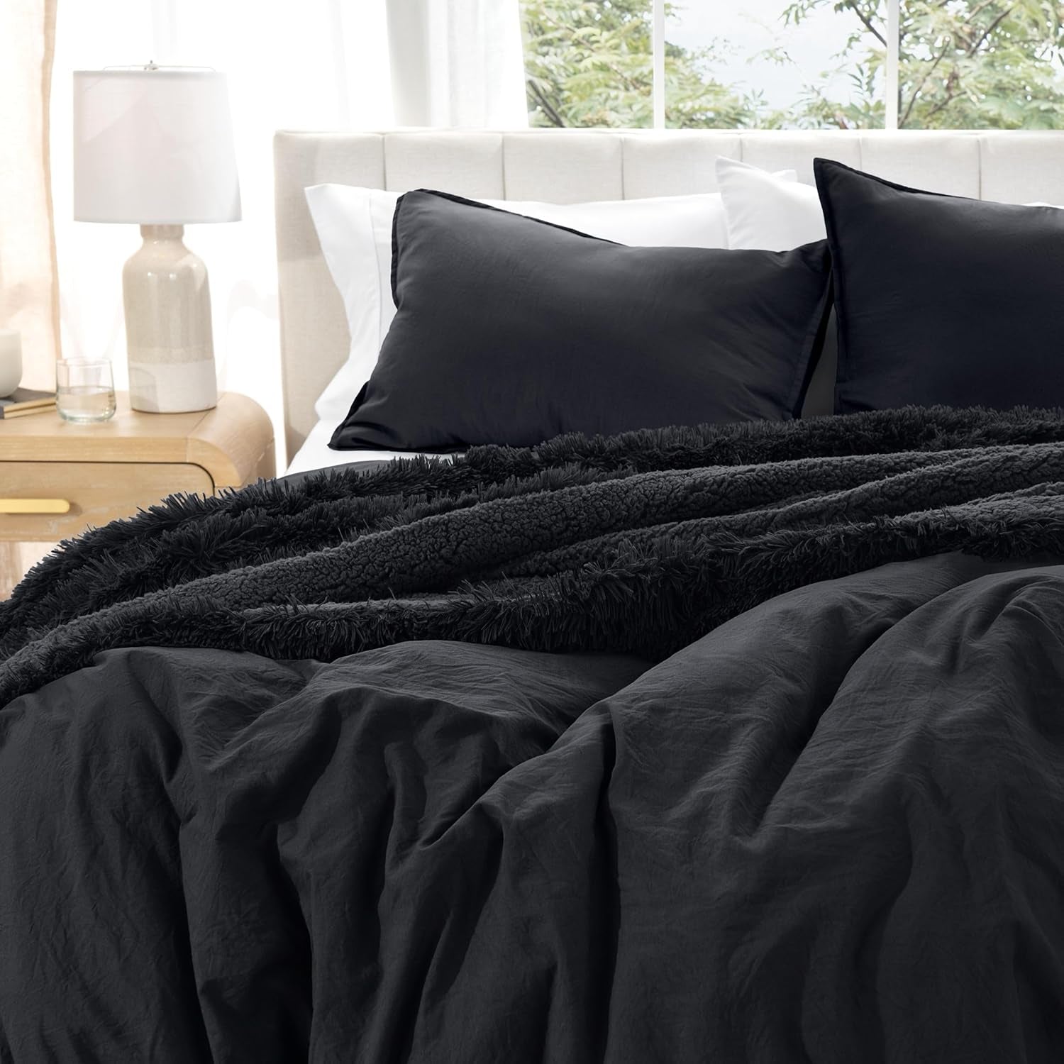 Microfiber Duvet Cover Set - Ultra Soft Washed Microfiber - Oversized Queen Size - Linen-Like Look - Easy Care - Breathable Fabric - Our Softest Duvet Cover Set (Oversized Queen, Black)
