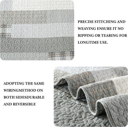 Quilt King Size - 100% Cotton Grey King Quilt Farmhouse Plaid Quilted Bedspread, 3 Pieces Lightweight Reversible King Size Quilt Bedding Set for All Season