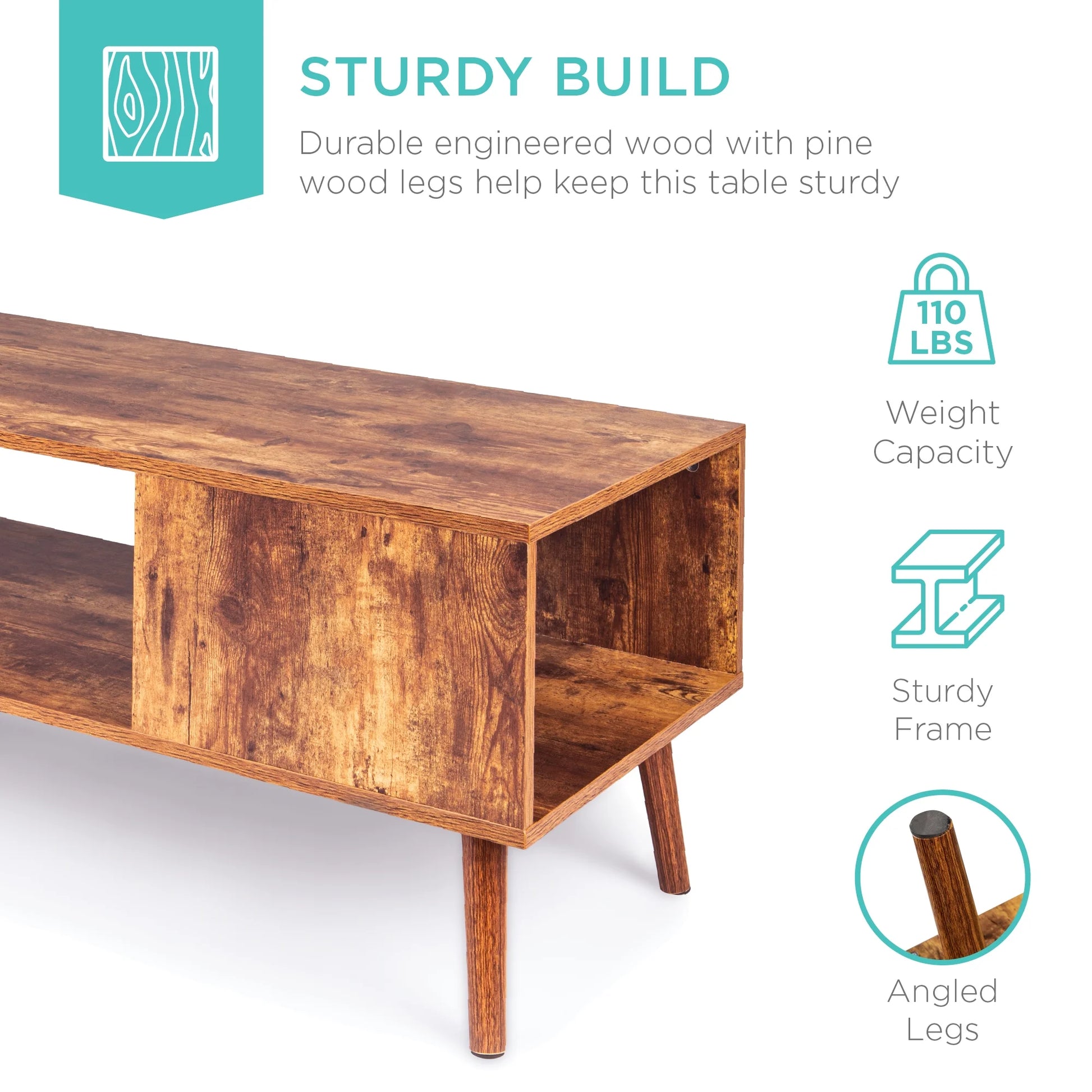 Wooden Mid-Century Modern Coffee Accent Table Furniture W/ Open Storage Shelf - Brown