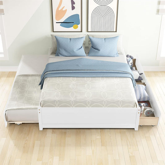Full Bed Frame with Drawers and Trundle,Full Size Wood Platform Bed with Storage, Space Saving Full Captain Bed for Kids Teens or Adults, No Box Spring Needed,White