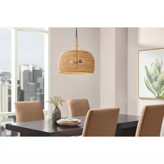 Summerpoint 120-Watt 2-Light Black Shaded Pendant Light with Natural Woven Shade, No Bulbs Included
