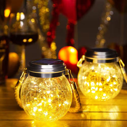 2 Pack Solar Lantern Crackle Glass Ball, Garden Hanging Solar Lights Outdoor Waterproof Lanterns with 30 Warm White LED.
