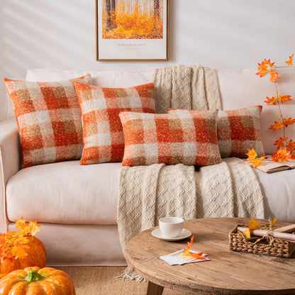 Orange Plaid Fall Throw Pillow Covers Set of 2, Boucle Decorative Pillow Covers,Cozy Fluffy Home Living Room Farmhouse Decor for Sofa Couch Bed
