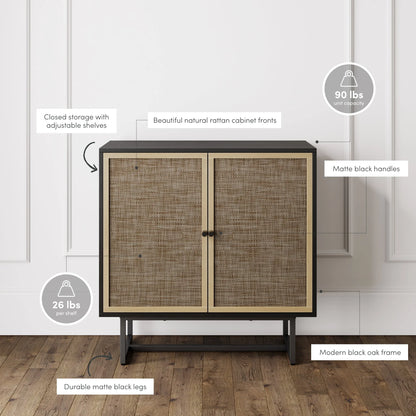 Kova Cane Rattan Doors Accent Cabinet with Black Metal Base and Adjustable Shelf