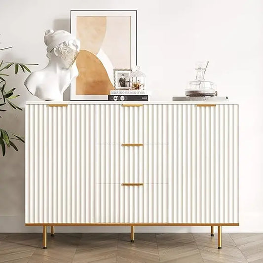 Modern Sideboard Cabinet with Fluted Doors, Gold Legs and Handle - Buffets & Sideboards for Elegant Living Spaces - 2-Door 3 Dra