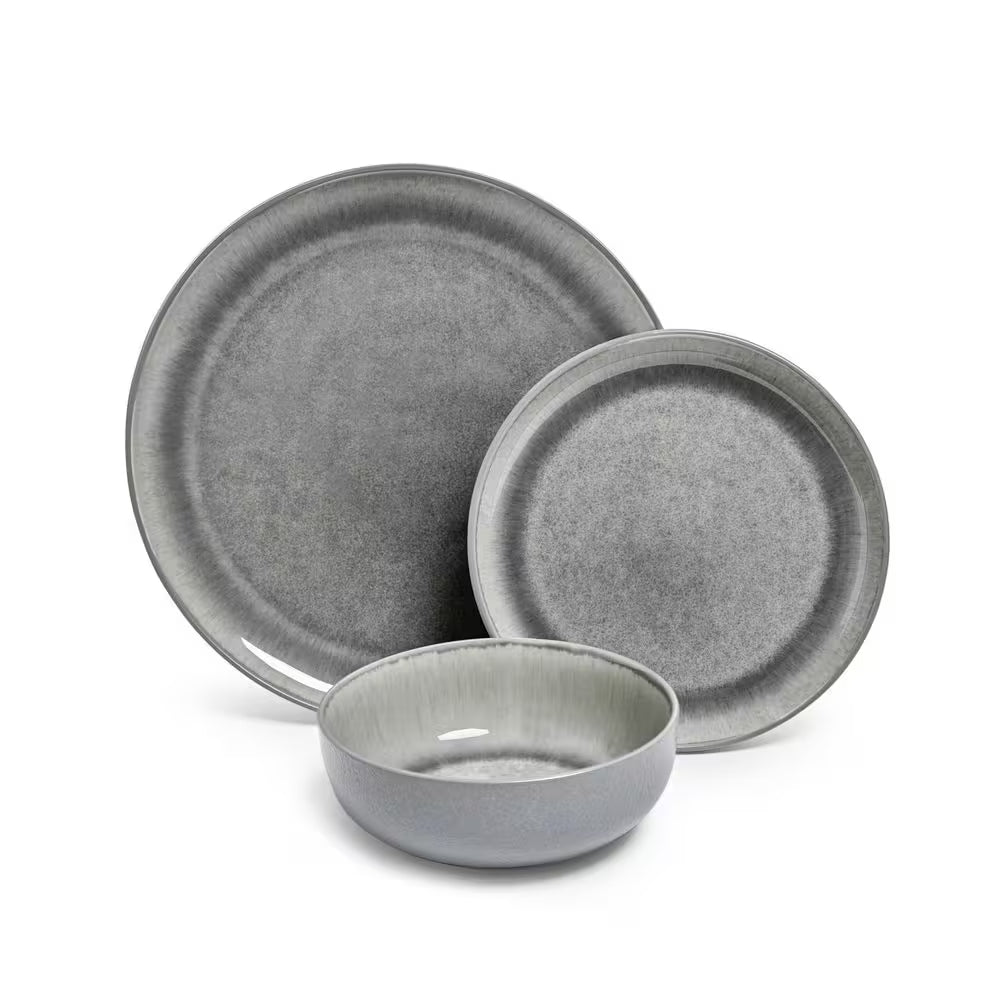 Asher Gray 12-Piece Stoneware Dinnerware Set, Round, Microwave and Dishwasher Safe