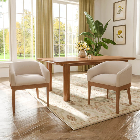 Modern Upholstered Dining Chairs Set of 2, Farmhouse Linen Kitchen & Dining Room Chairs with Armrests, 18" W Wooden Barrel Accent Chair Armchair for Dining Room Living Room Bedroom, Beige