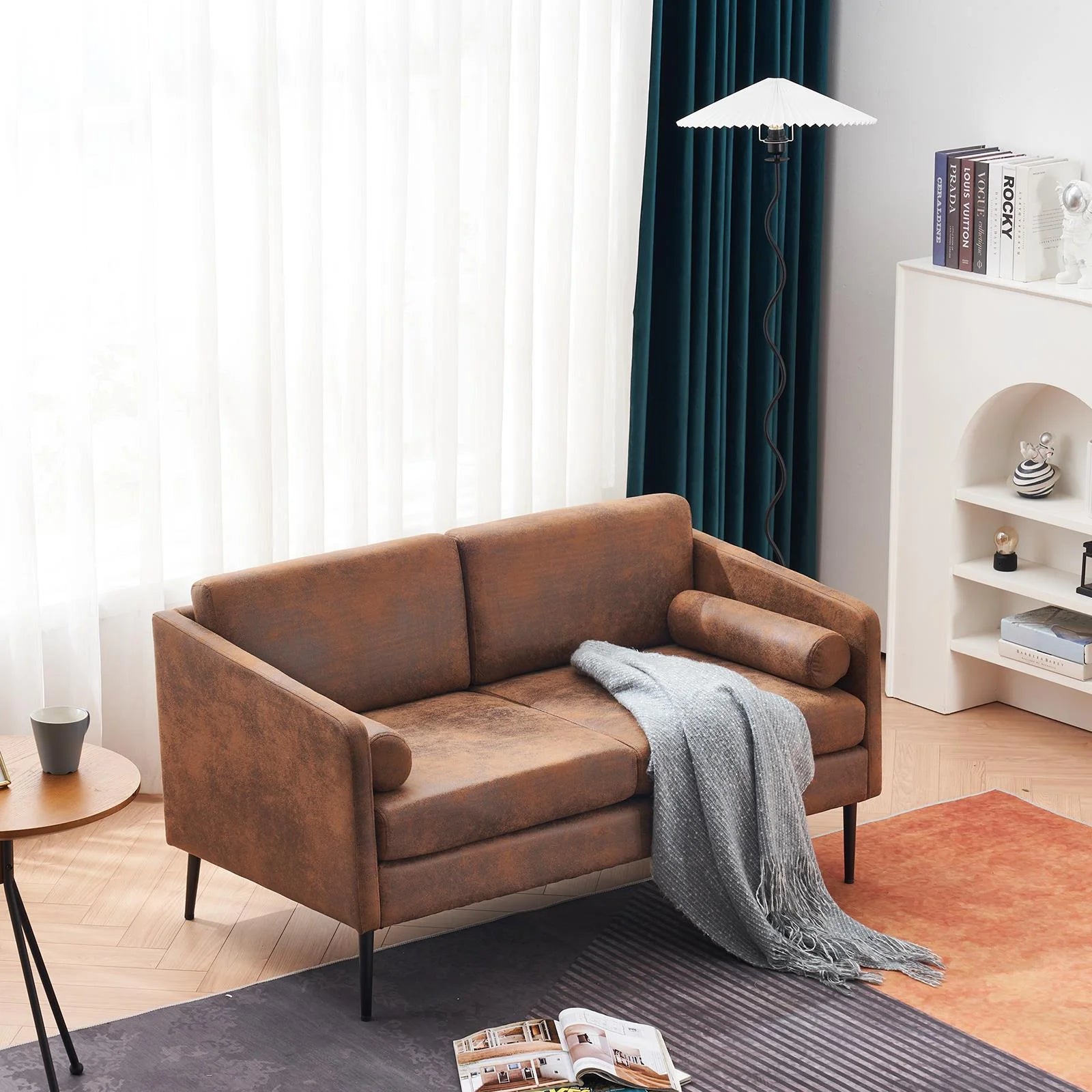 52" Fabric Square Arm Loveseat, 2-Seat Love Seat Sofa Chair, Small Modern Couch with Bronzing Cloth Brown