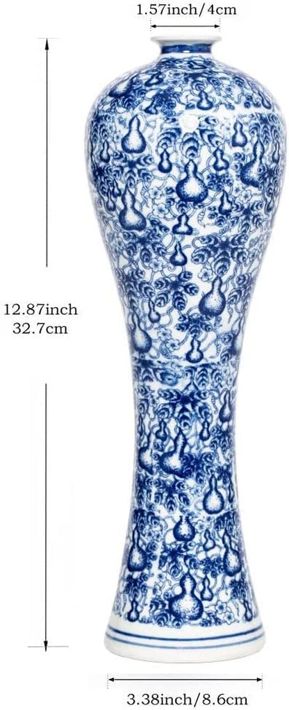 Chinese Blue and White Vase, Antique Handmade Ceramic Flower Vase, Decorative Glazed Vases for Home Decor, Table, Living Room, Fish Tail Vase (No.01)
