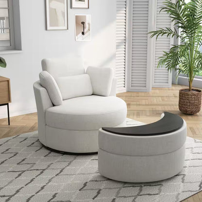 Beige Chenille Upholstered Swivel Accent Barrel Chair with Storage Ottoman and Pillows (Set of 1)