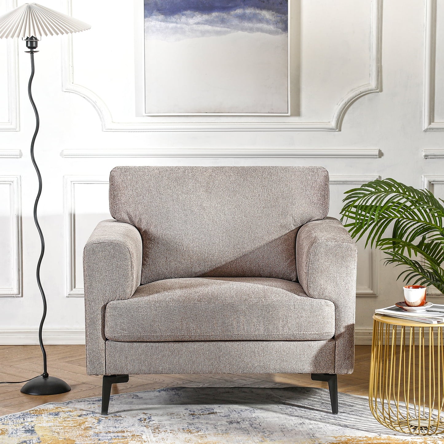 Accent Chair Set of 2, 37.8" Wide Linen Upholstered Living Room Armchairs, Modern Comfy Fabric Lounge Arm Chairs for Bedroom, Light Brown