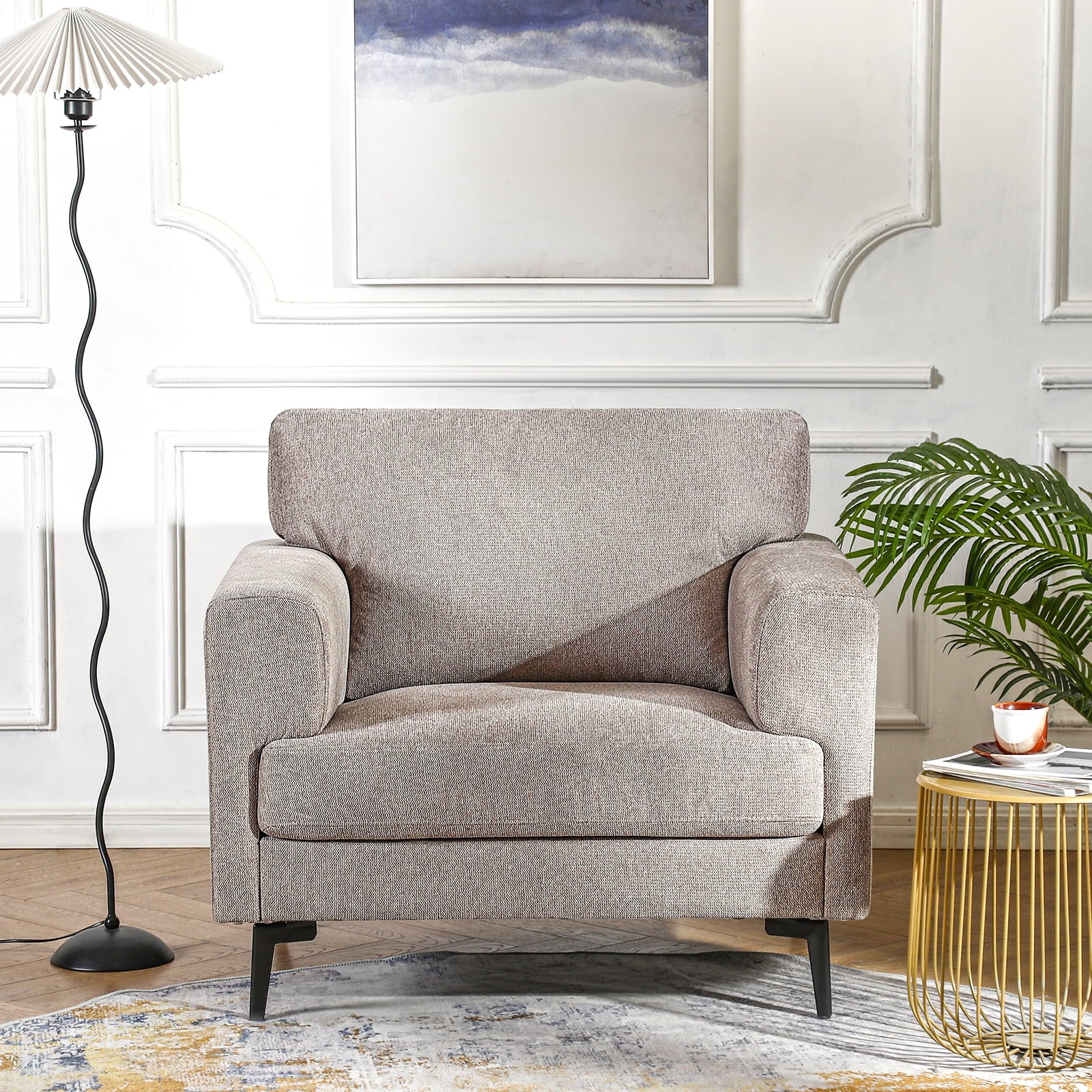 Accent Chair Set of 2, 37.8" Wide Linen Upholstered Living Room Armchairs, Modern Comfy Fabric Lounge Arm Chairs for Bedroom, Light Brown