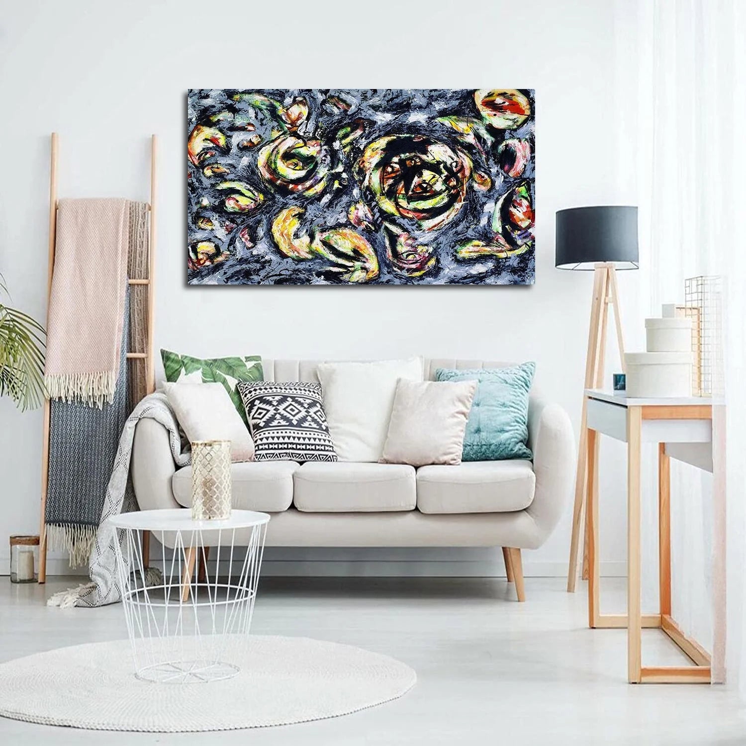 Jackson Pollock Painting Abstract Wall Art Ocean Grayness Framed Canvas Art for Bedroom Livingroom Office