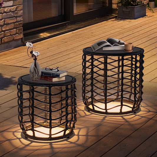 Outdoor Modern Boho Style Wave Wicker End Tables,Built-In Solar Lights, Black (Set of 2)