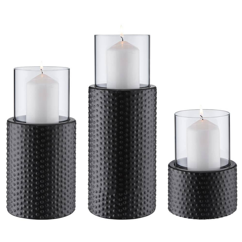 Contemporary Candle Holders with Clear Glass Hurricanes and Textured Metal Base (Set of 3)