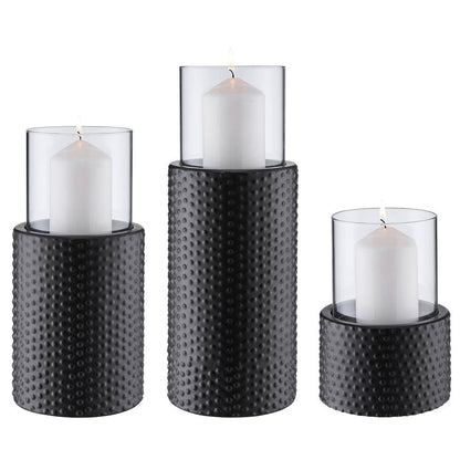 Contemporary Candle Holders with Clear Glass Hurricanes and Textured Metal Base (Set of 3)