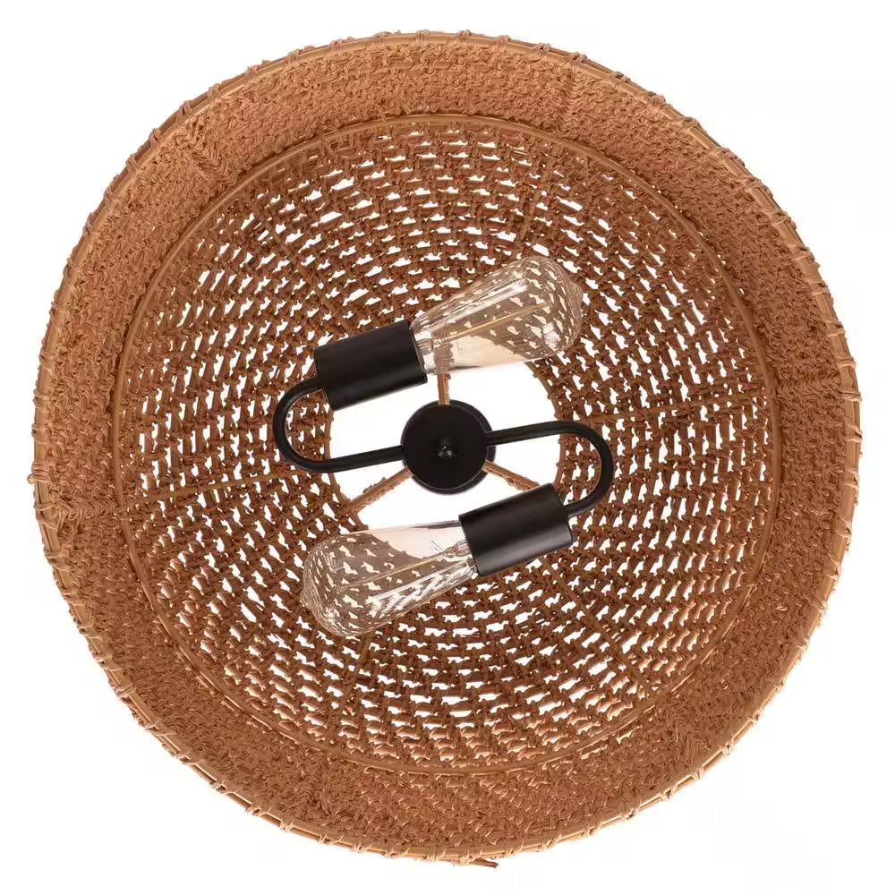Summerpoint 120-Watt 2-Light Black Shaded Pendant Light with Natural Woven Shade, No Bulbs Included