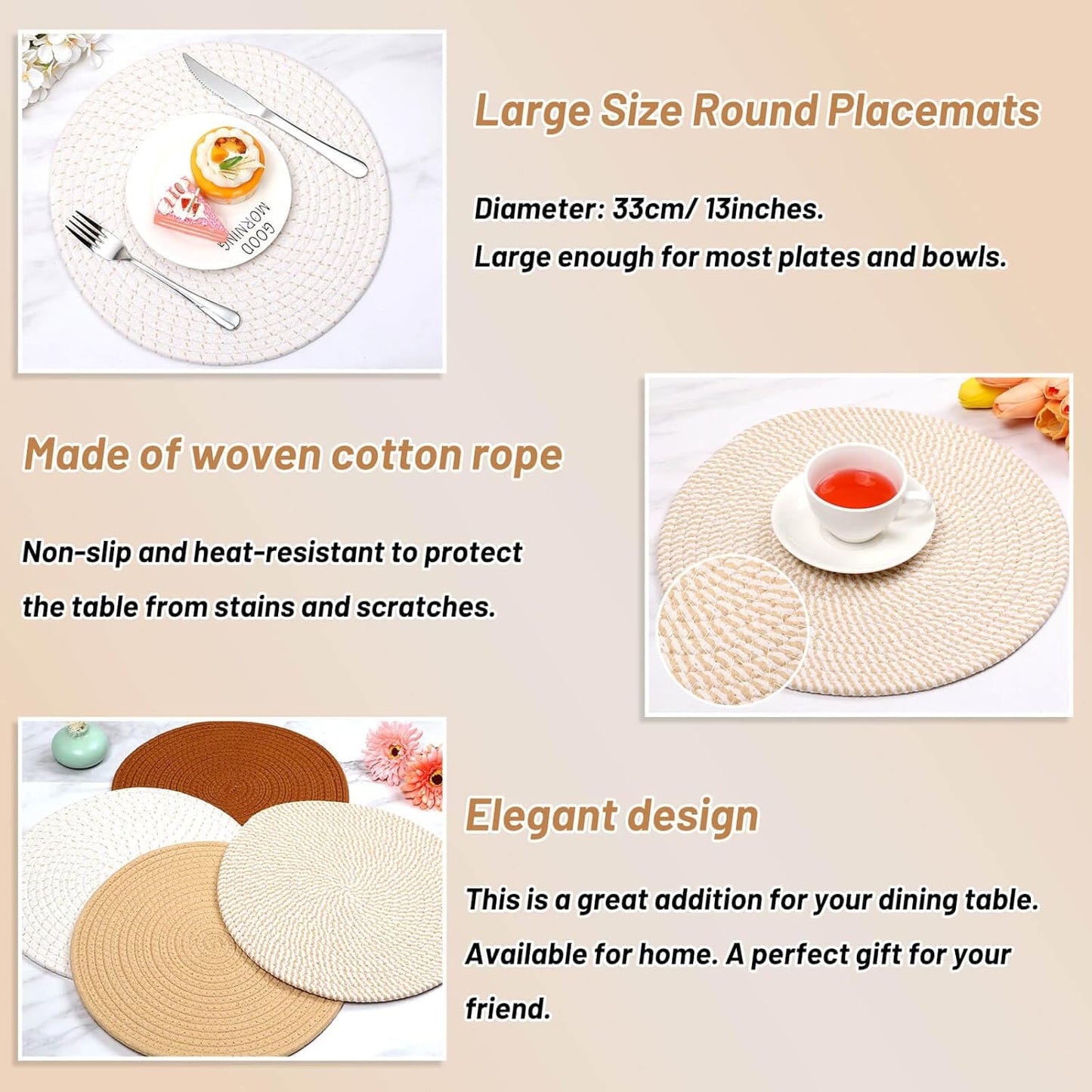 Set of 4 round Woven Placemats, 13-Inch Boho Table Decor for Dining