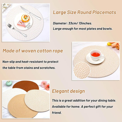 Set of 4 round Woven Placemats, 13-Inch Boho Table Decor for Dining