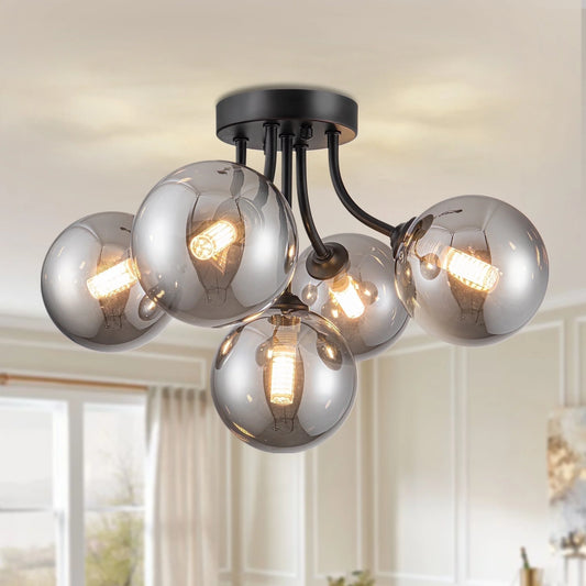 Modern Ceiling Light 5-Light Sputnik Ceiling Light Fixture with Smoke Grey Glass Globe Semi Flush Mount Ceiling Light for Hallway Kitchen Bathroom Black 15 Inch