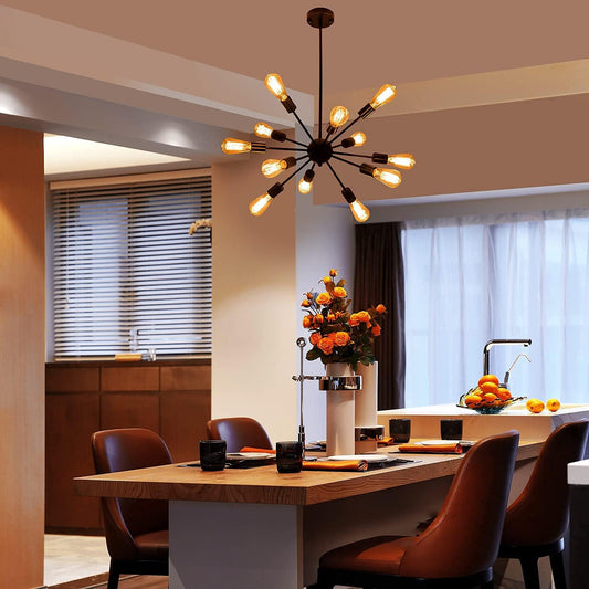 Sputnik Chandeliers Black, Modern 12-Light Farmhouse Pendant Light Mid Century Lighting Vintage Industrial Ceiling Hanging for Living Dining Room, Bedroom, Kitchen Island, Foyer