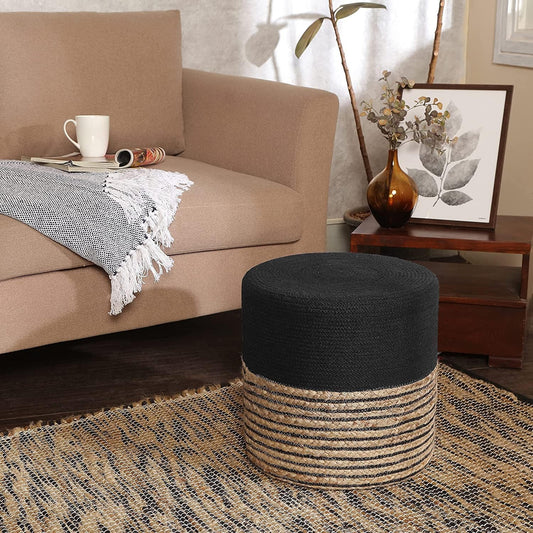 · Cylindrical Pouf Ottoman - Braided Pouffe Accent Sitting round Footrest for Living Room, Bedroom, Nursery, Kidsroom, Patio, Gym; 70% Cotton 30% Jute, (14.5X14.5X16; Black Natural)