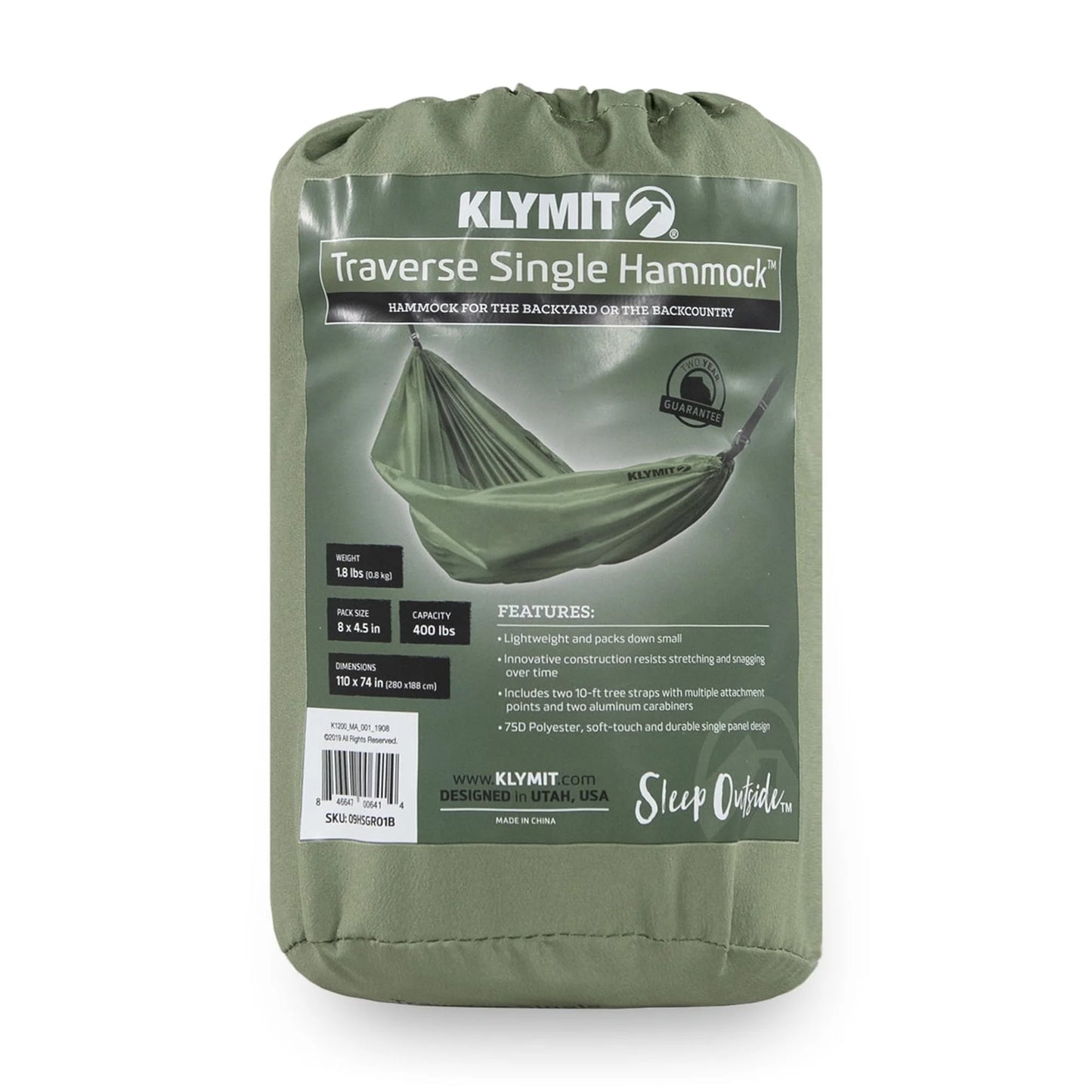 Traverse Single Outdoor Hammock, 110In X 55In, Green