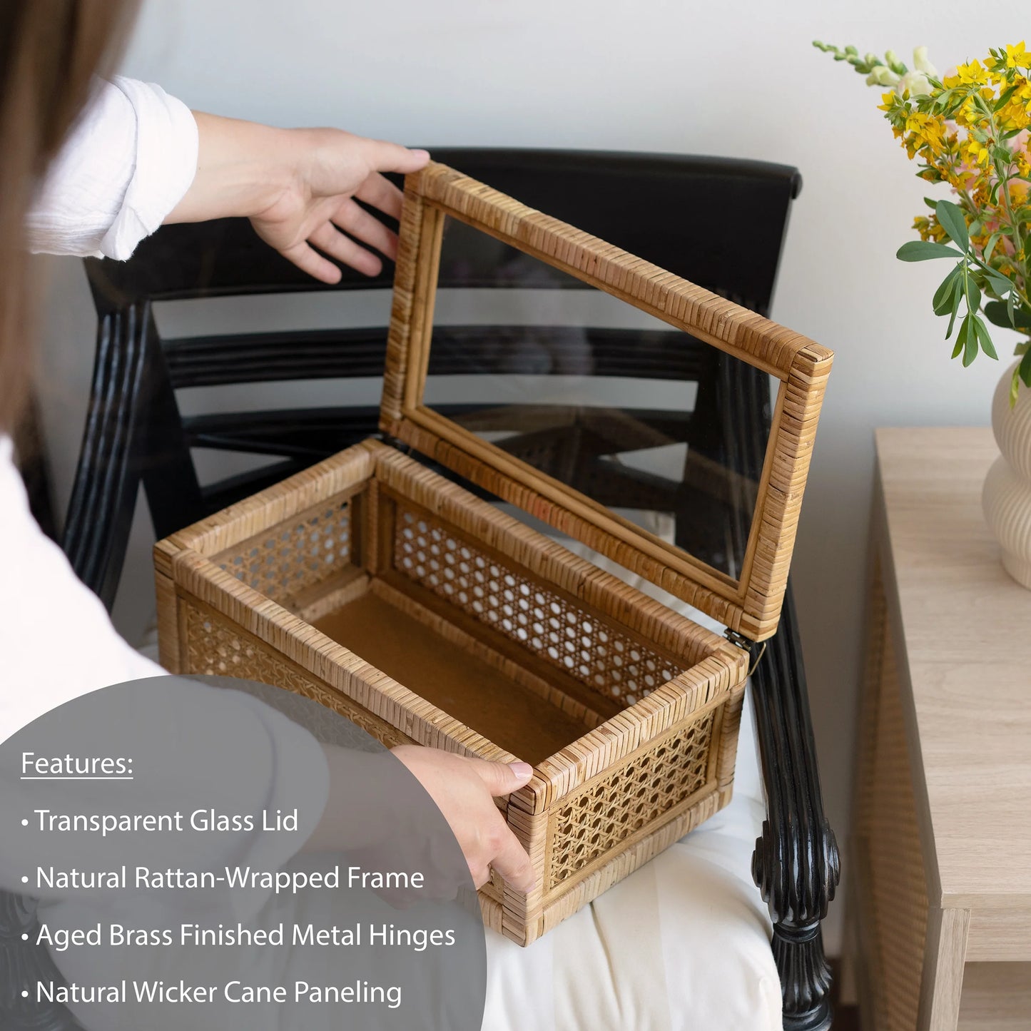 ,  Home Woven Rattan and Glass Decorative Tabletop Box