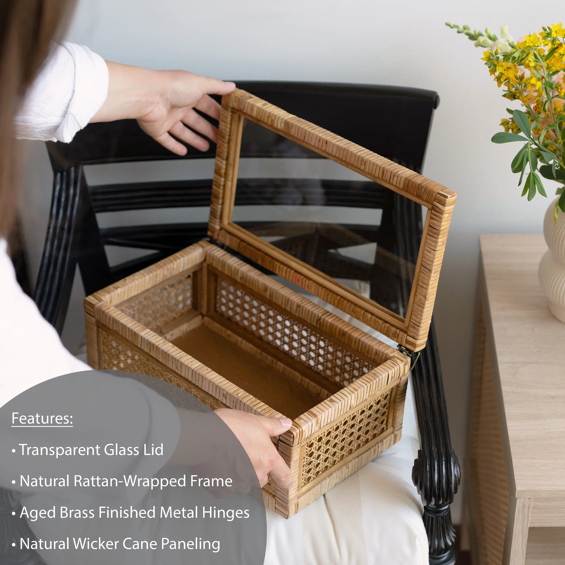 ,  Home Woven Rattan and Glass Decorative Tabletop Box