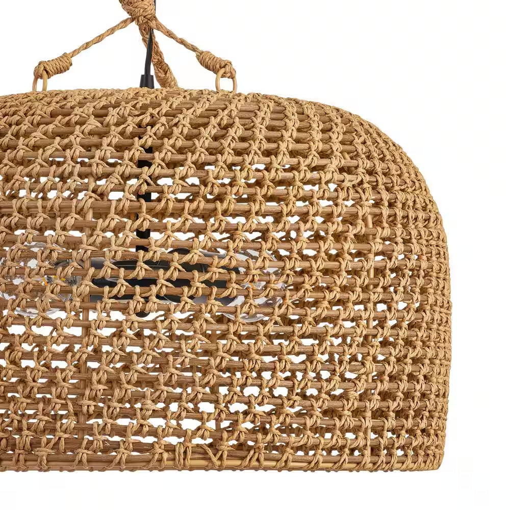 Summerpoint 120-Watt 2-Light Black Shaded Pendant Light with Natural Woven Shade, No Bulbs Included