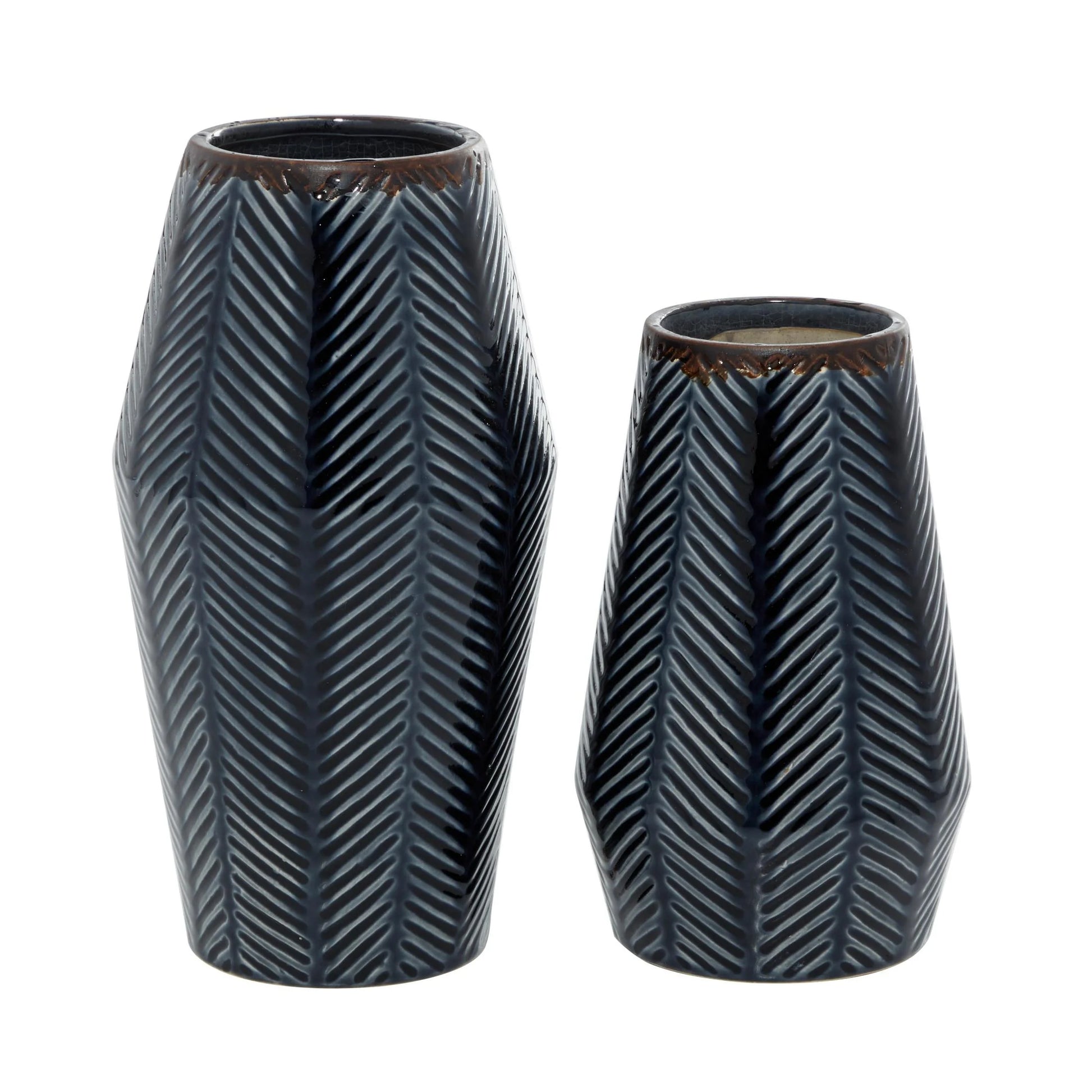 11", 8"H Handmade Chevron Dark Blue Ceramic Vase, Set of 2