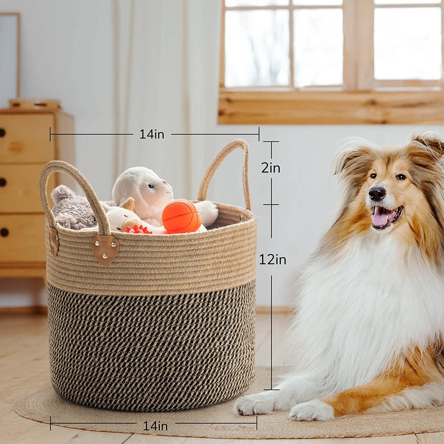 Jute Woven Wicker Floor Storage Basket with Handles, Boho Decorative Ba
