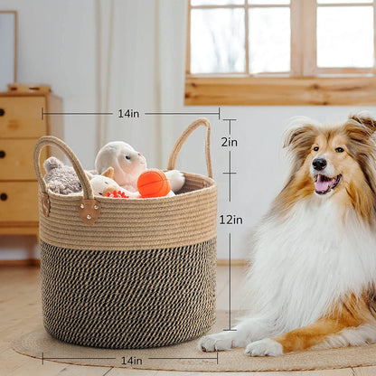 Jute Woven Wicker Floor Storage Basket with Handles, Boho Decorative Ba