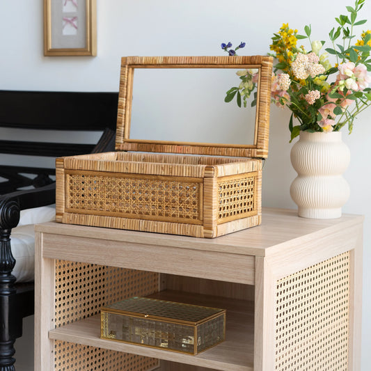 ,  Home Woven Rattan and Glass Decorative Tabletop Box