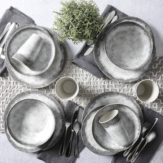 Granite Organic round Melamine Dinnerware Set, Service for Four (16Pcs), Marble