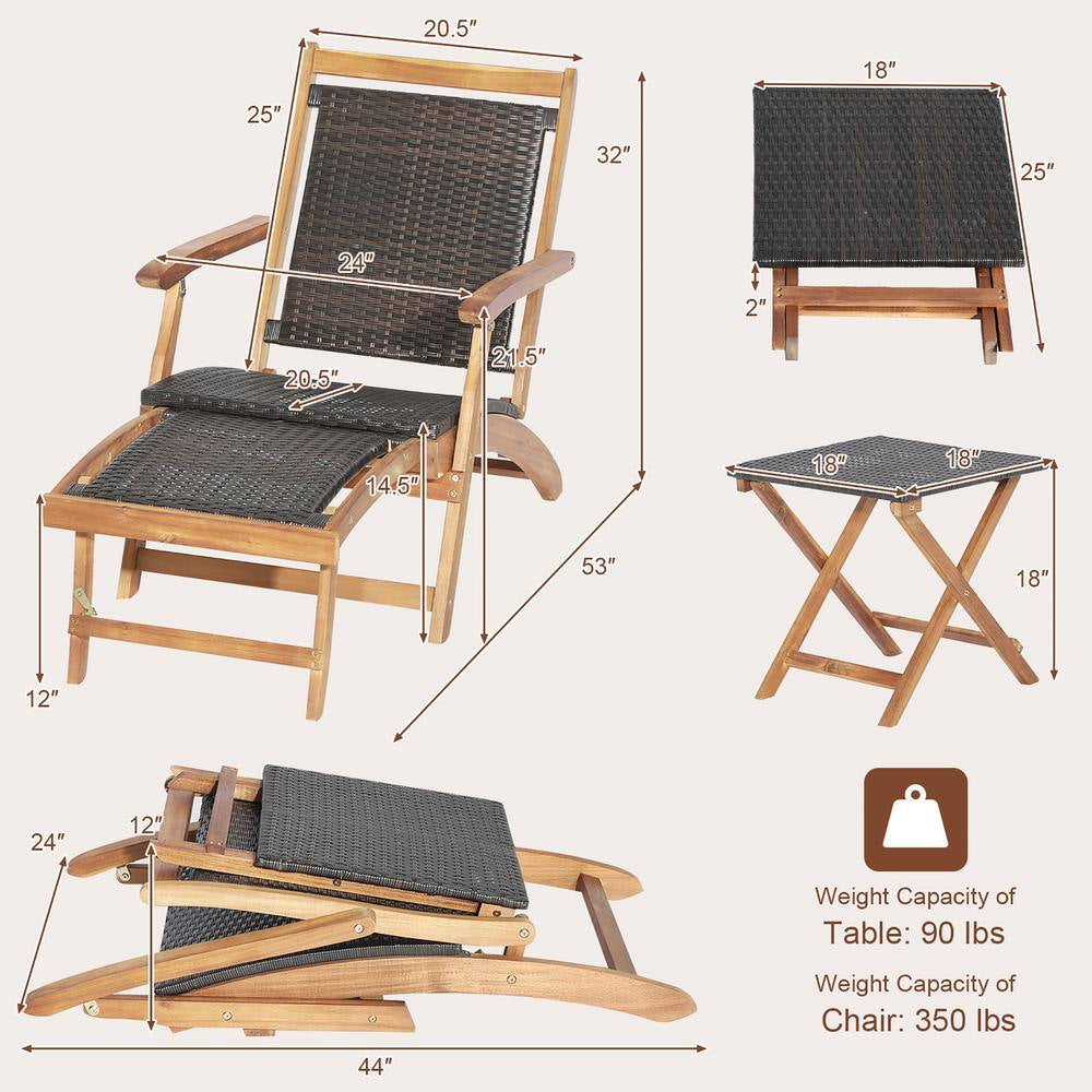 4-Piece Wicker Patio Conversation Set Rattan Folding Lounge Chair Table with Retractable Footrest